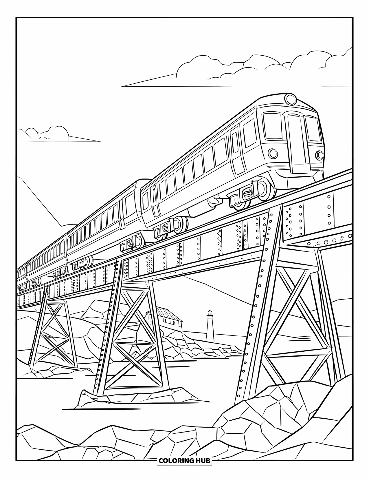 Trein Kleurplaat voor Kinderen: Een trein steekt een oude stalen brug over met ingewikkelde bouten en balken over een kolkende rivier