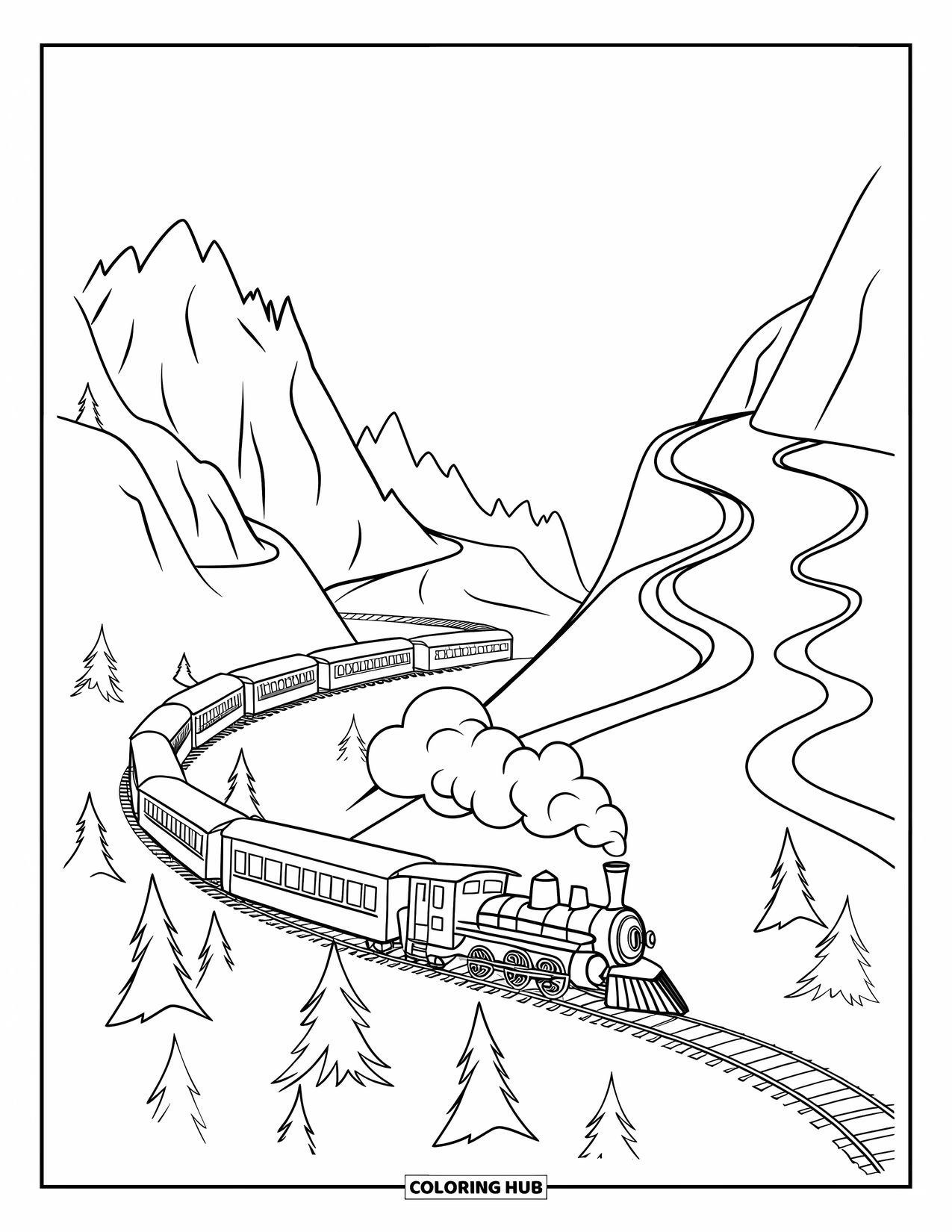 Trein Kleurplaat voor Kinderen: Een trein blaast rook terwijl hij een bergpas beklimt, slingerend tussen ruige kliffen en bomen