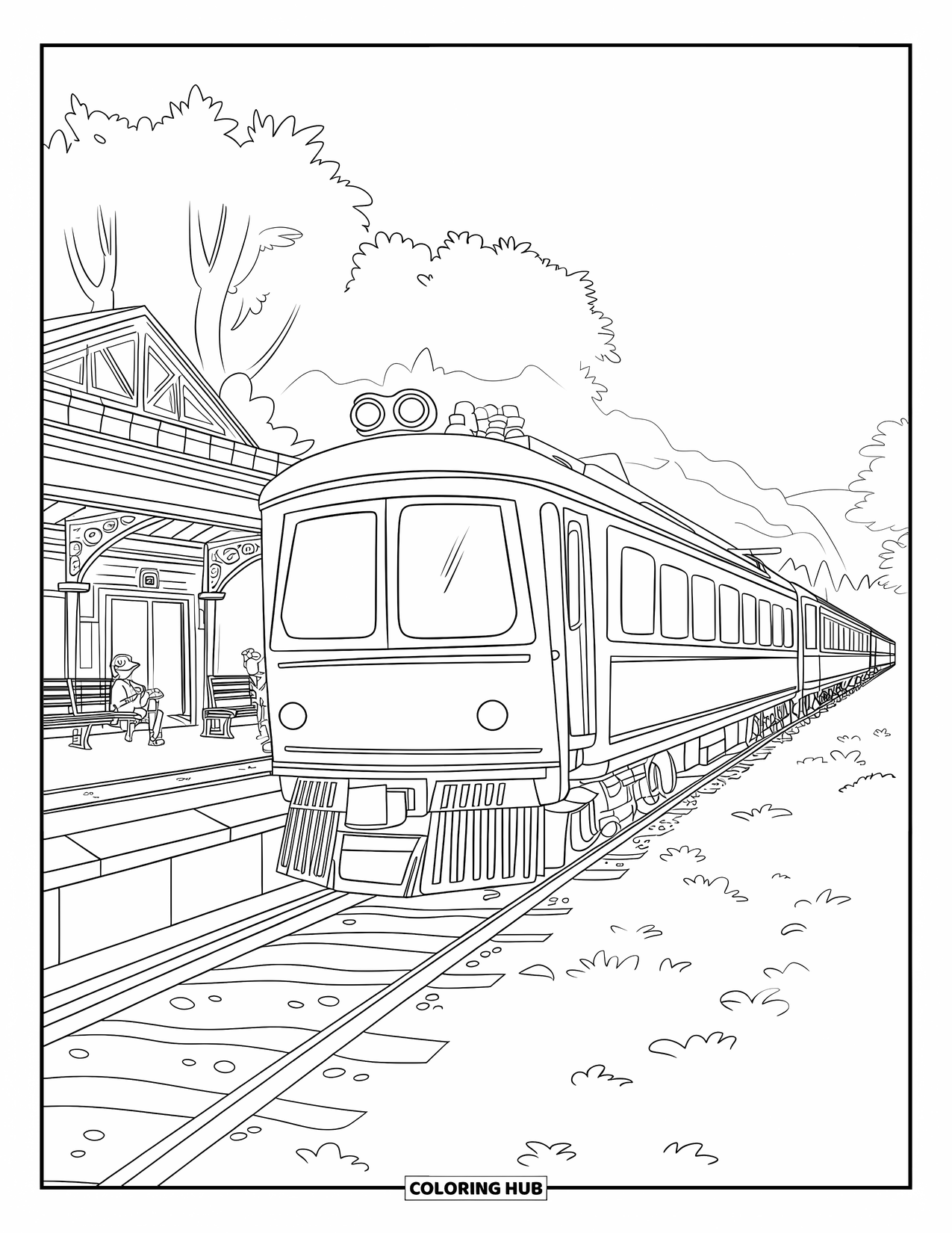 Trein Kleurplaat voor Kinderen: Een trein rijdt een klein station binnen waar passagiers wachten bij een loket en perron