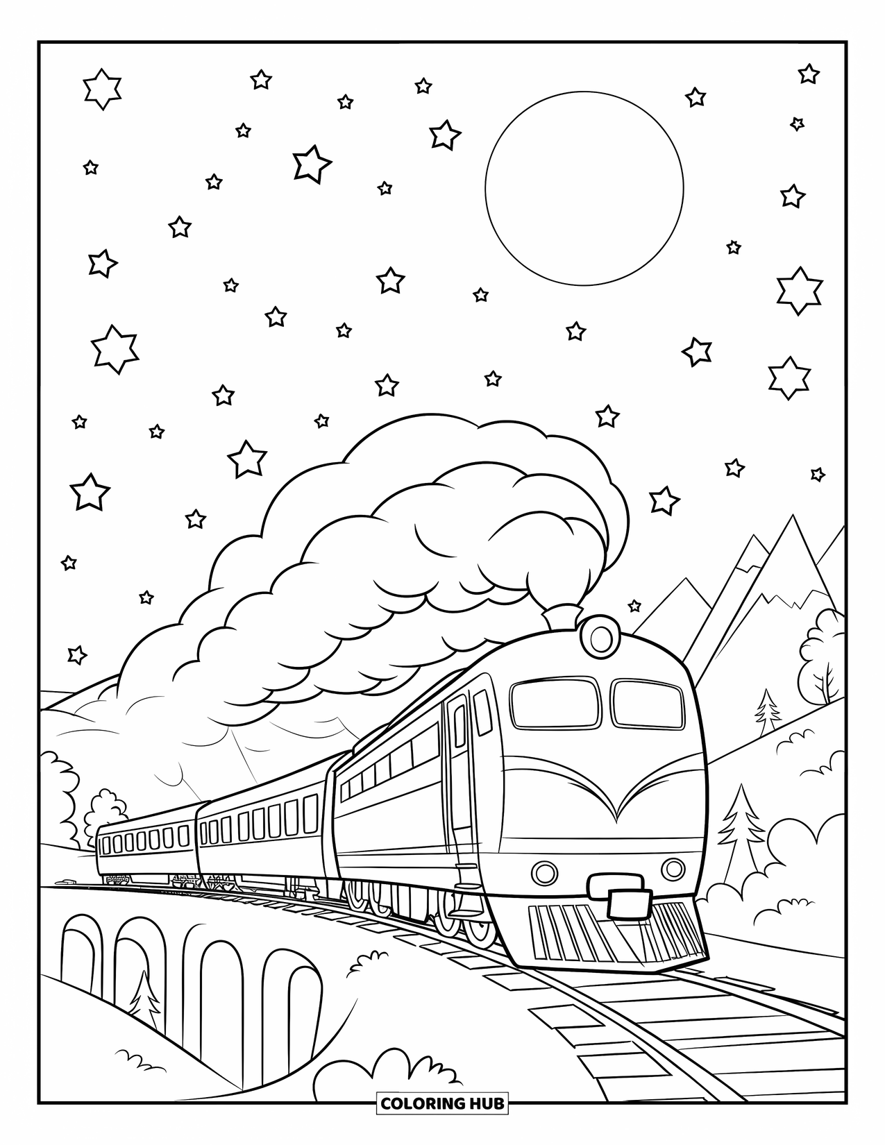 Trein Kleurplaat voor Kinderen: Een trein reist onder een sterrenhemel, met een gloeiende maan die het vredige landschap verlicht