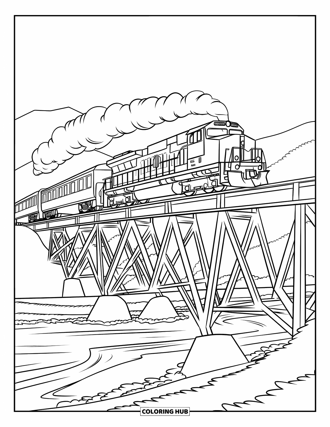 Trein Kleurplaat voor Kinderen: Een trein met opwaaiende rook steekt een oude stalen brug over, met een rivier die eronder stroomt