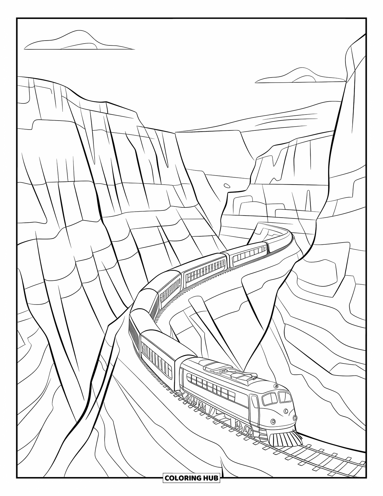 Trein Kleurplaat voor Kinderen: Een trein met elegante rijtuigen slingert door een adembenemende kloof met steile, ruige wanden