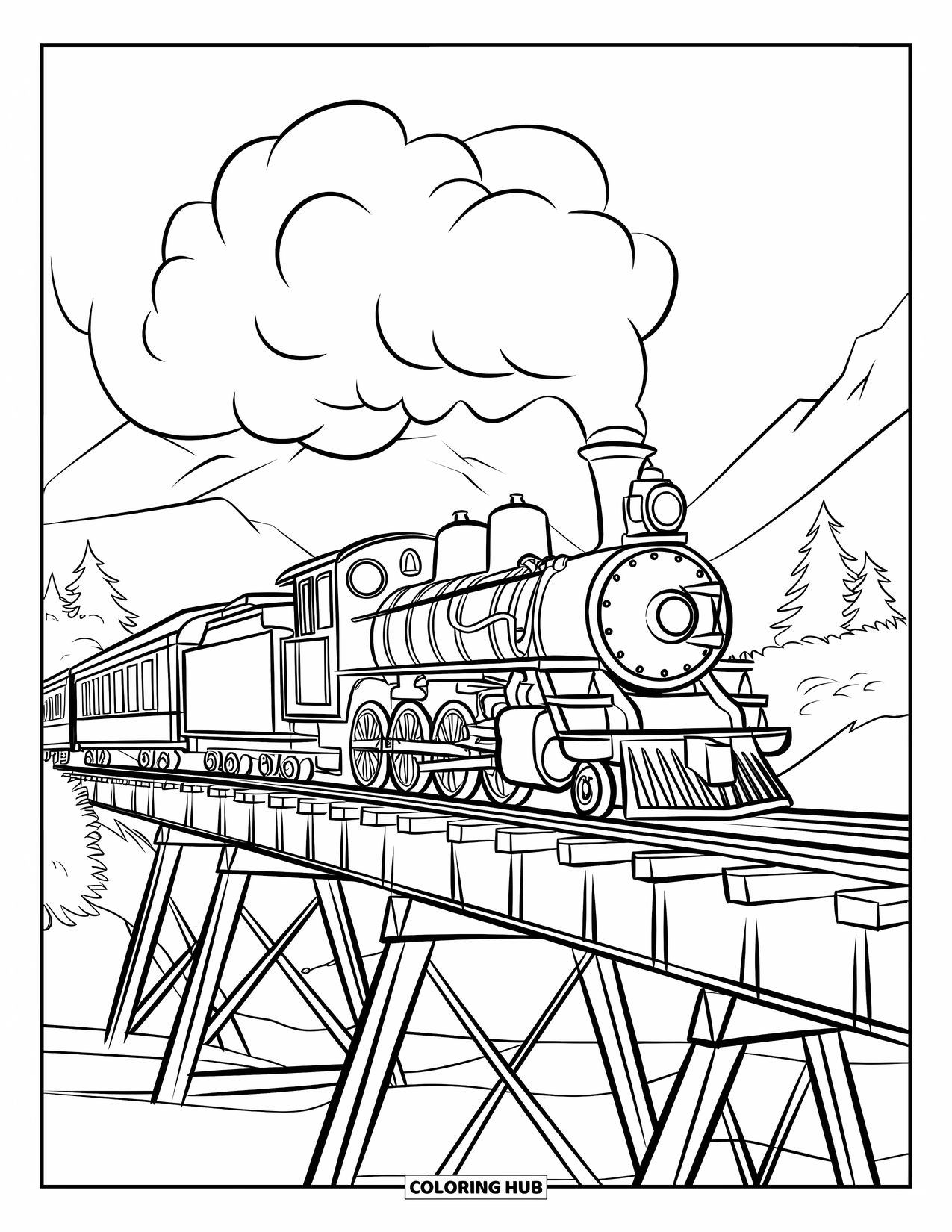 Trein Kleurplaat voor Kinderen: Een vintage trein met verschillende wagons beweegt over een houten brug die wordt ondersteund door hoge houten pilaren