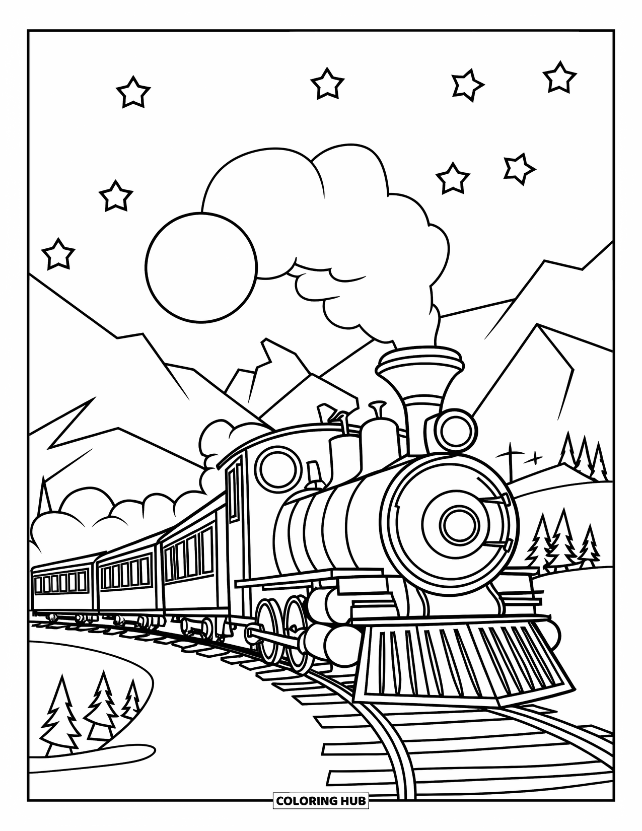Trein Kleurplaat voor Kinderen: Een houten stoomtrein reist onder een sterrenhemel met een gloeiende maan en verre bergen