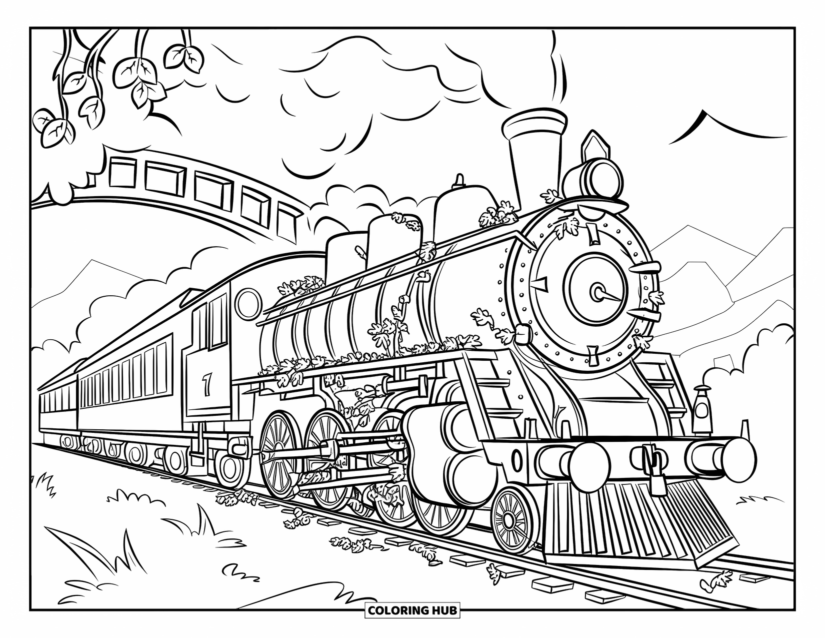 Trein Kleurplaat voor Kinderen: Een verlaten stoomtrein bedekt met klimplanten staat in de buurt van een brug in een mistige, bergachtige omgeving