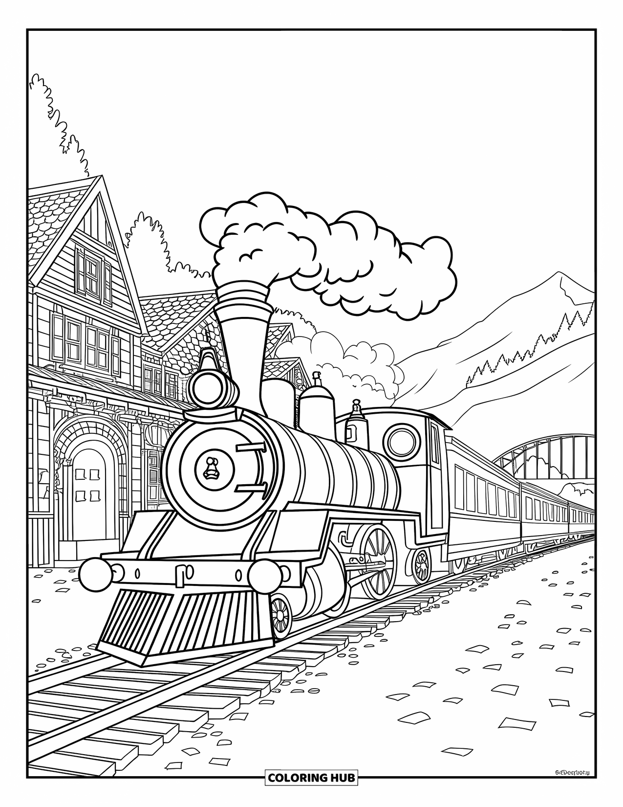 Trein Kleurplaat voor Kinderen: Een ouderwetse trein reist door een stad met geplaveide straten, omringd door glooiende heuvels
