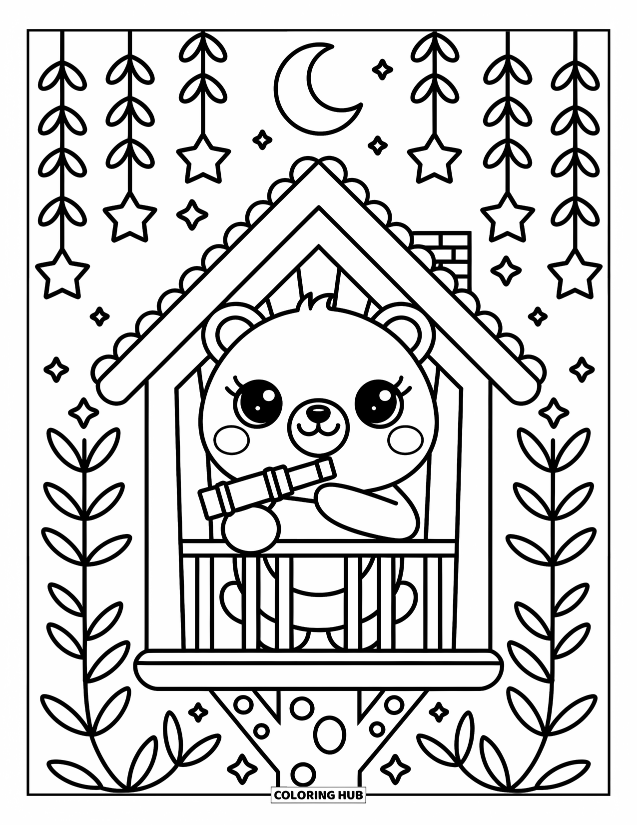 Boomhut Kleurplaat voor Volwassenen: Een beer met een telescoop op een balkon, omringd door sterren en wijnranken