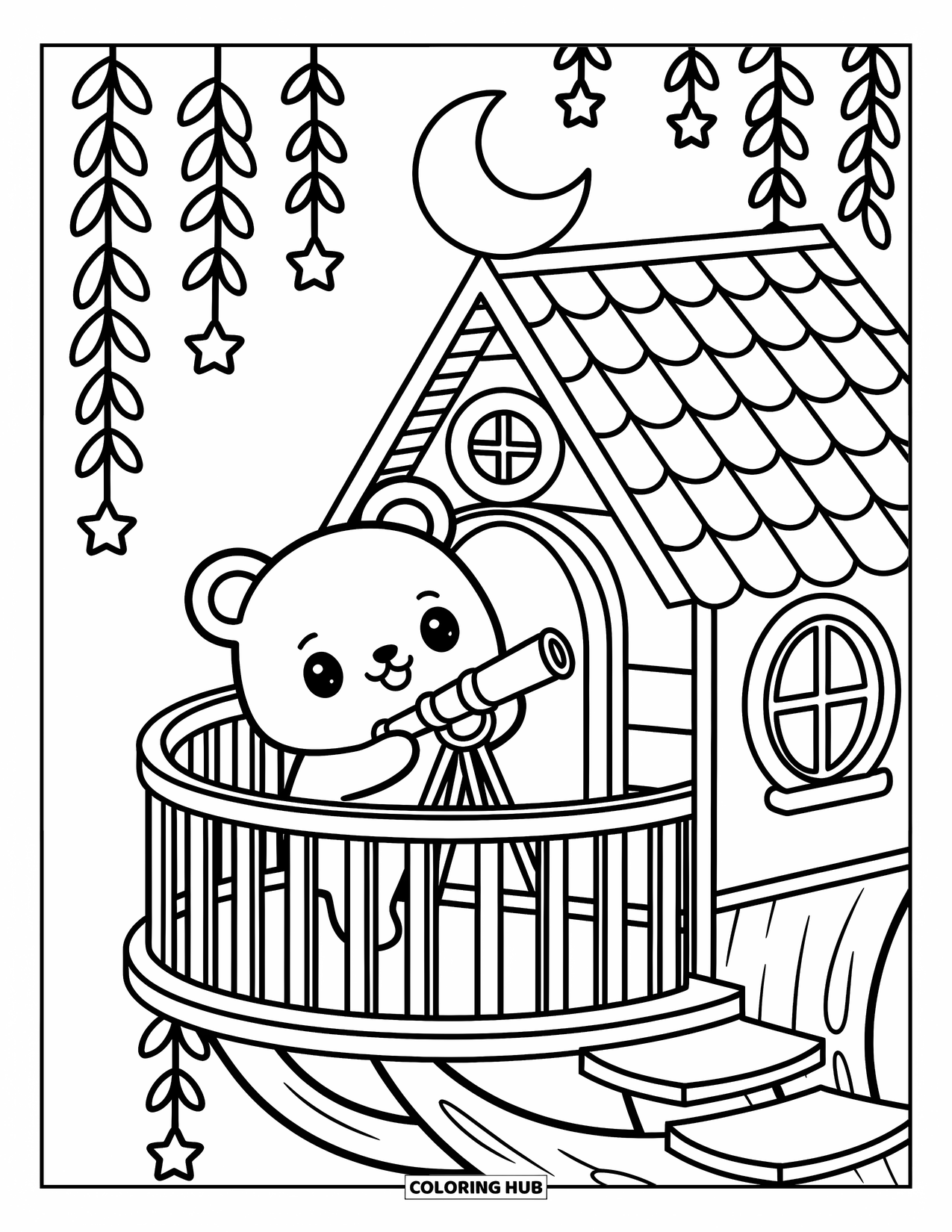 Boomhut Kleurplaat voor Volwassenen: Een beer met een telescoop op een gezellig boomhutbalkon onder de sterren