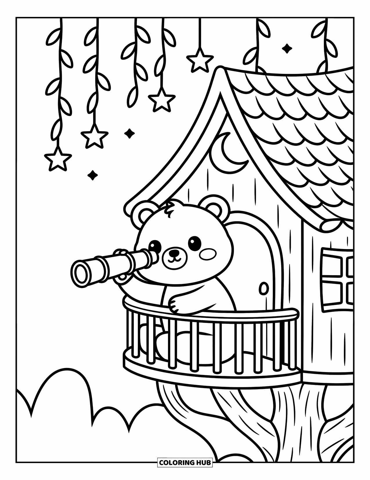 Boomhut Kleurplaat voor Volwassenen: Een beer met een telescoop op een boomhutbalkon onder sterren en een maan