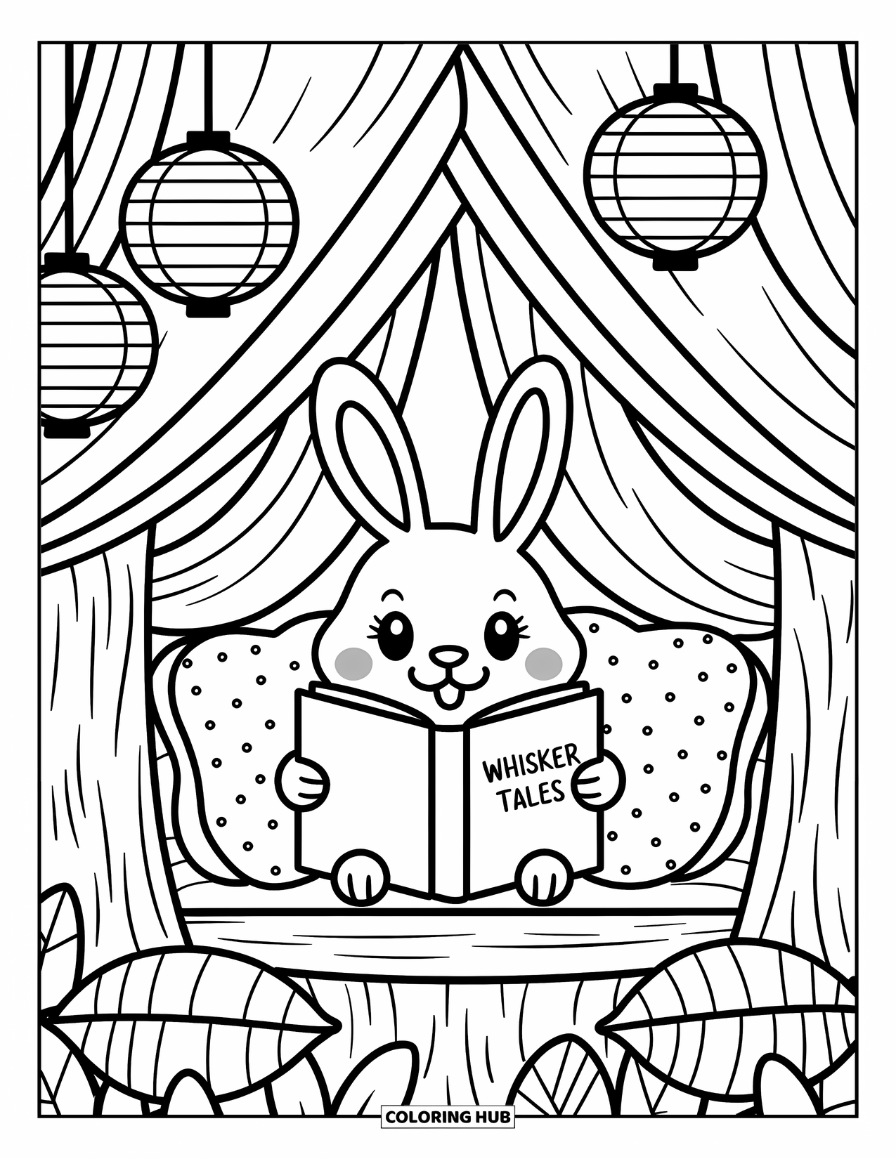 Boomhut Kleurplaat voor Volwassenen: Een konijntje in een boomhothoek met een boek, lantaarns en zachte gordijnen