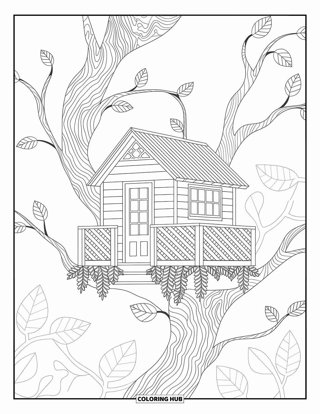 Boomhut Kleurplaat voor Volwassenen: Een boomhut in blokhutstijl met traliewerk tussen bladerrijke takken