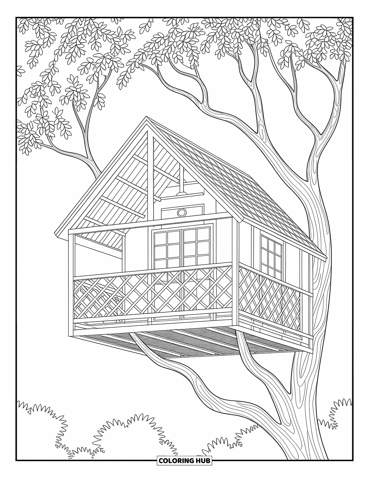 Boomhut Kleurplaat voor Volwassenen: Een boomhut in blokhutstijl met traliewerk en gedetailleerde takken
