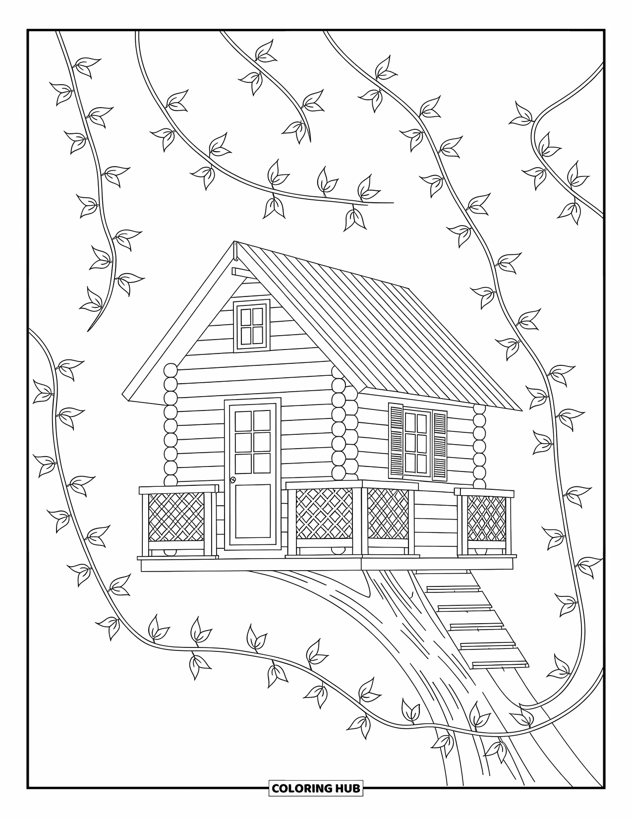 Boomhut Kleurplaat voor Volwassenen: Een gezellige boomhut in blokhutstijl met traliewerk en klimplanten
