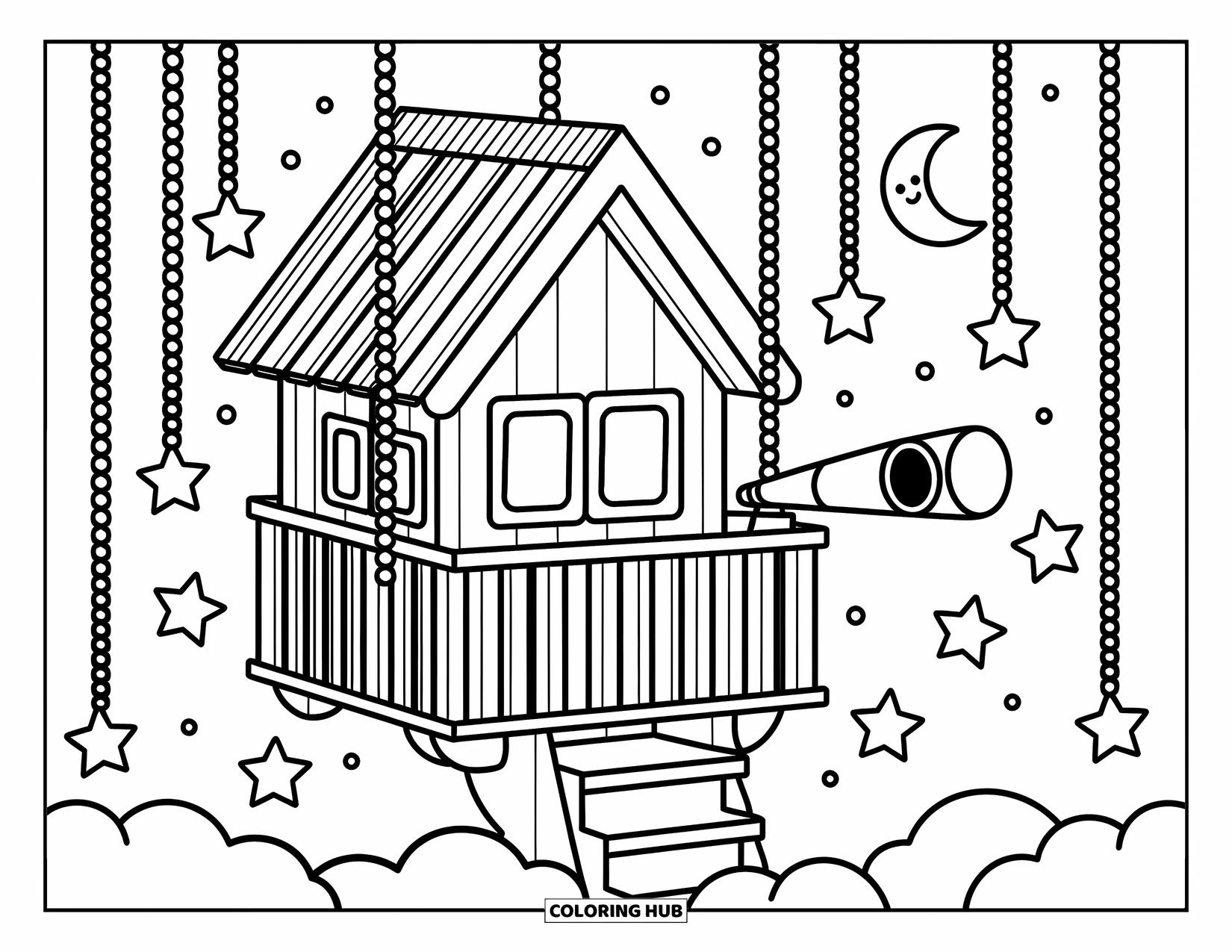 Boomhut Kleurplaat voor Volwassenen: Een gezellig boomhutbalkon met een telescoop en sterren die erboven hangen