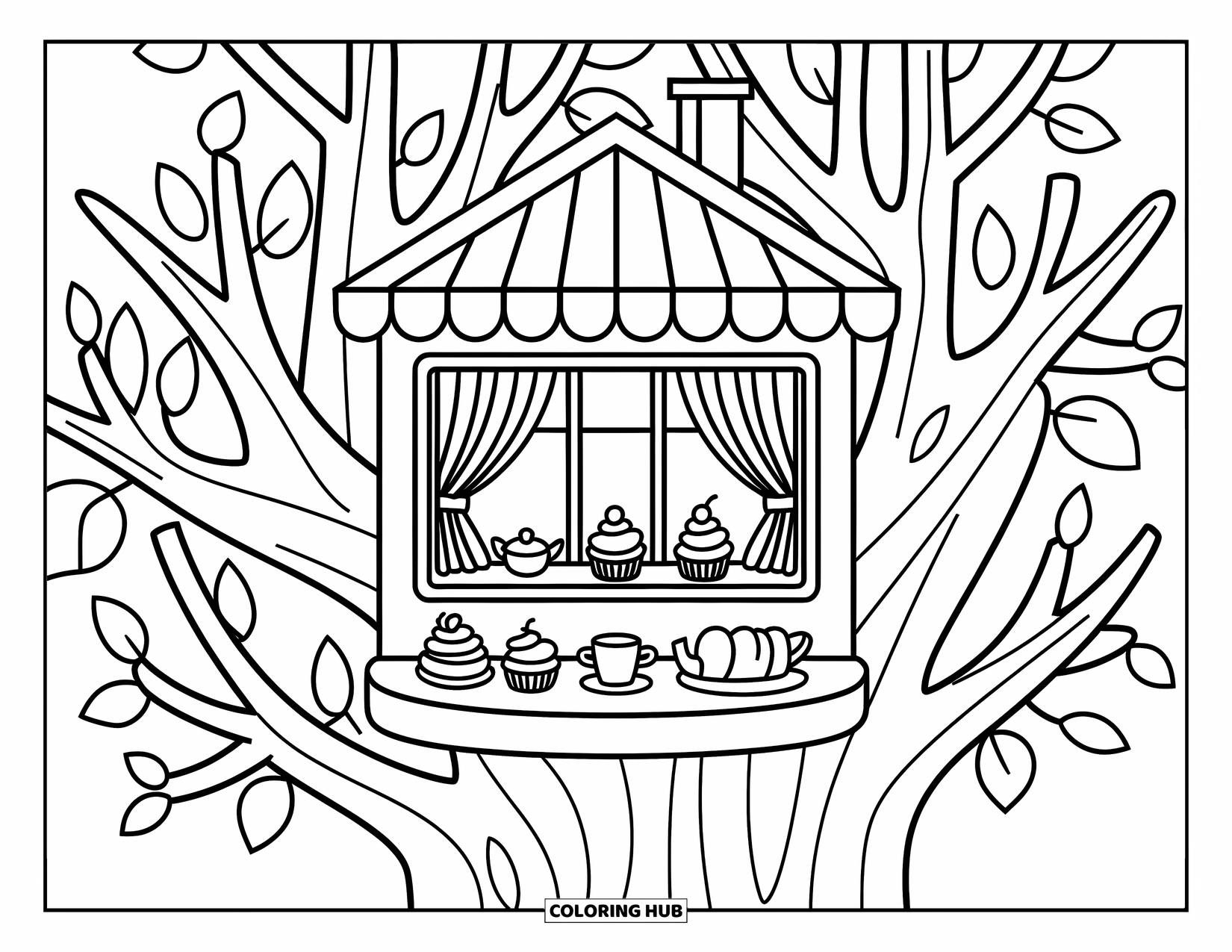 Boomhut Kleurplaat voor Volwassenen: Een gezellig boomhutcafé met kleine theeserviezen en cupcakes tussen weelderige takken