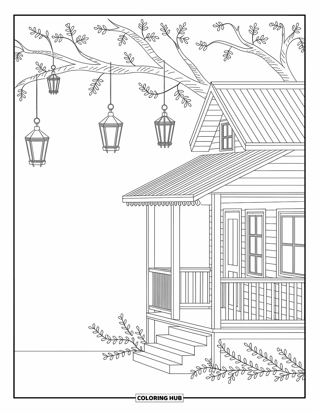 Boomhut Kleurplaat voor Volwassenen: Een gezellige boomhut met lantaarns en een rustieke veranda tussen klimplanten