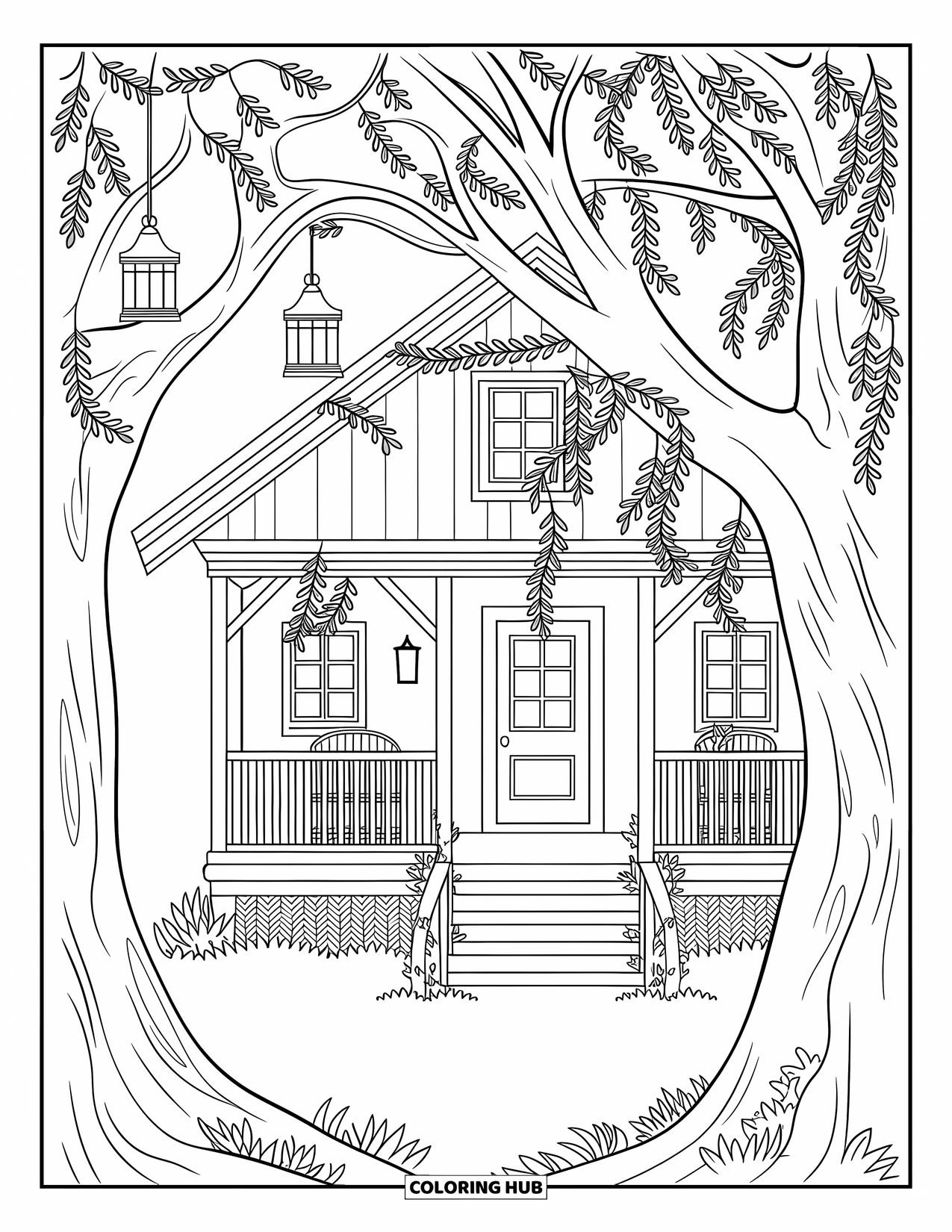 Boomhut Kleurplaat voor Volwassenen: Een gezellige boomhut met lantaarns en gedetailleerde takken
