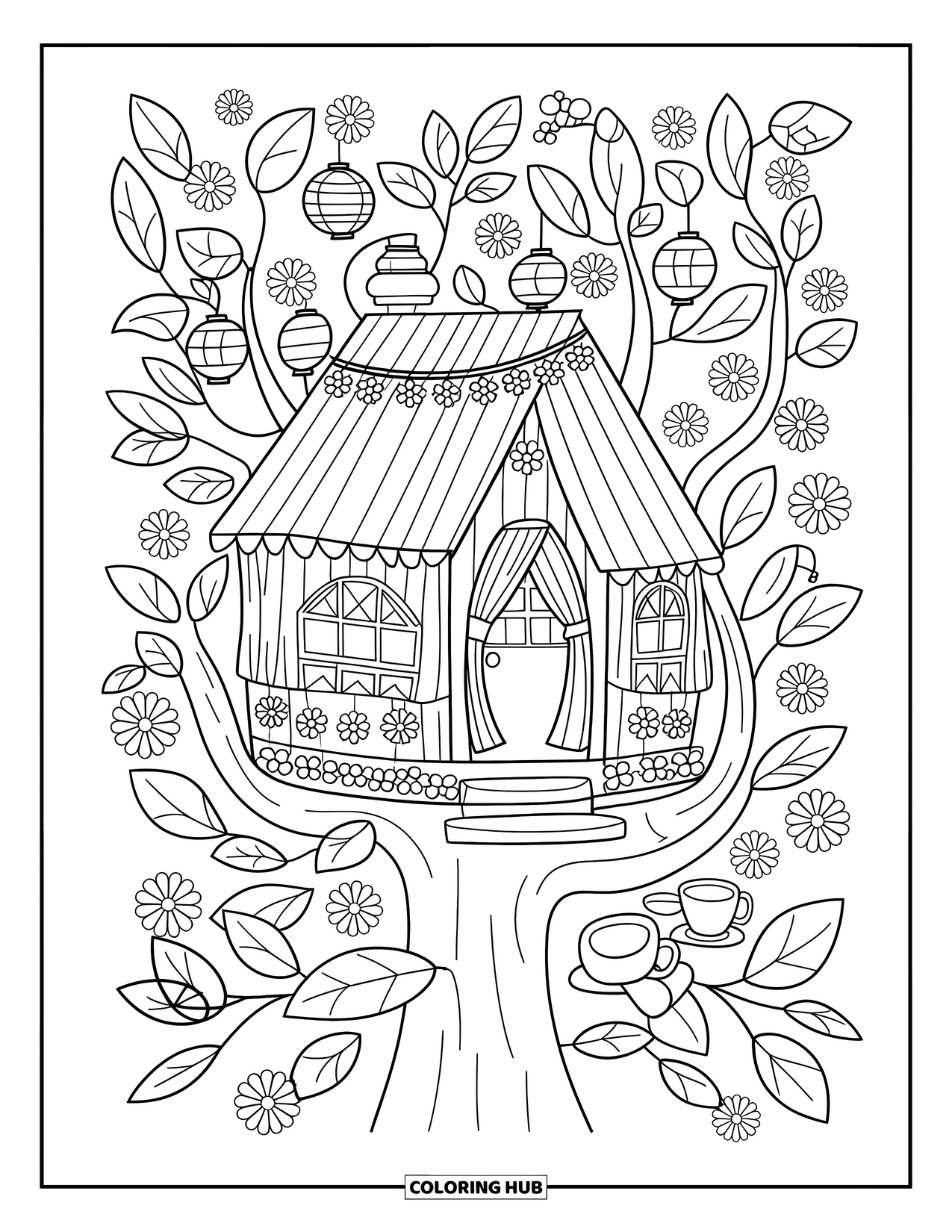 Boomhut Kleurplaat voor Volwassenen: Een gezellige boomhut met lantaarns, gordijnen en bloemenslingers