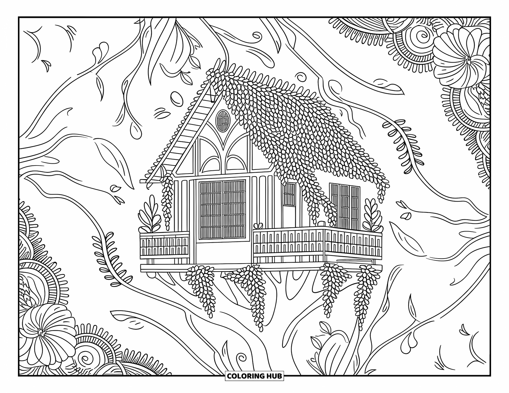 Boomhut Kleurplaat voor Volwassenen: Een creatieve boomhut omringd door bloemmotieven en charmante balkons