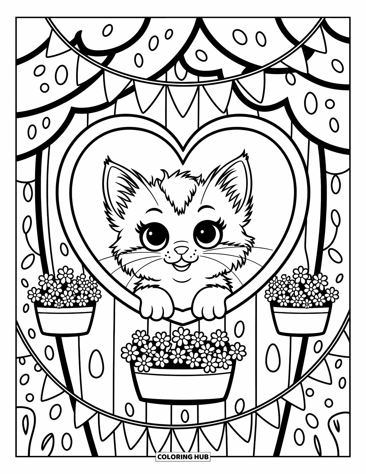 Boomhut Kleurplaat voor Volwassenen: Een schattige kitten bij een hartvormig raam van een boomhut met vlaggen en lichtjes