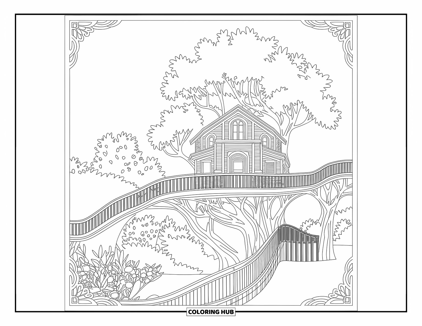 Boomhut Kleurplaat voor Volwassenen: Een gedetailleerde boomhutscène met leuningen, bruggen en een weelderige omgeving