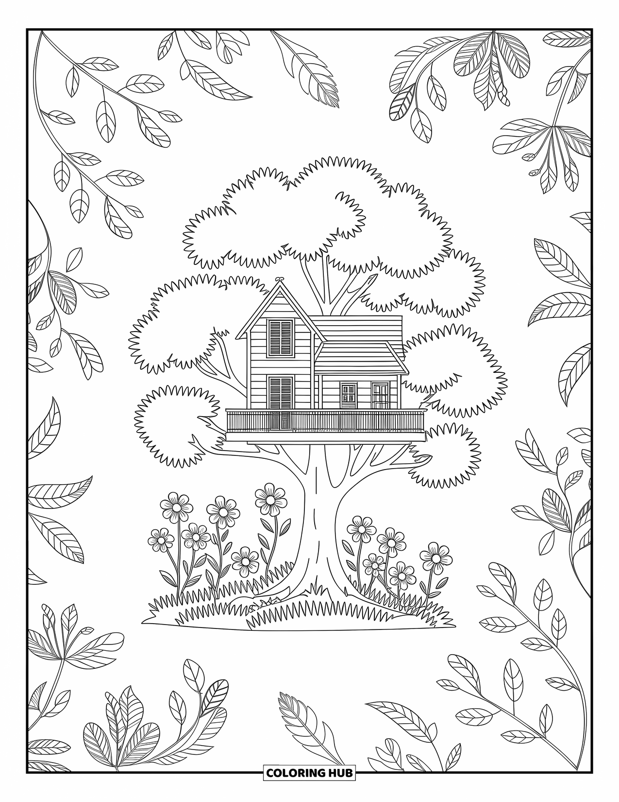 Boomhut Kleurplaat voor Volwassenen: Een gedetailleerde boomhut met bloemen en vogels tussen kronkelende klimplanten