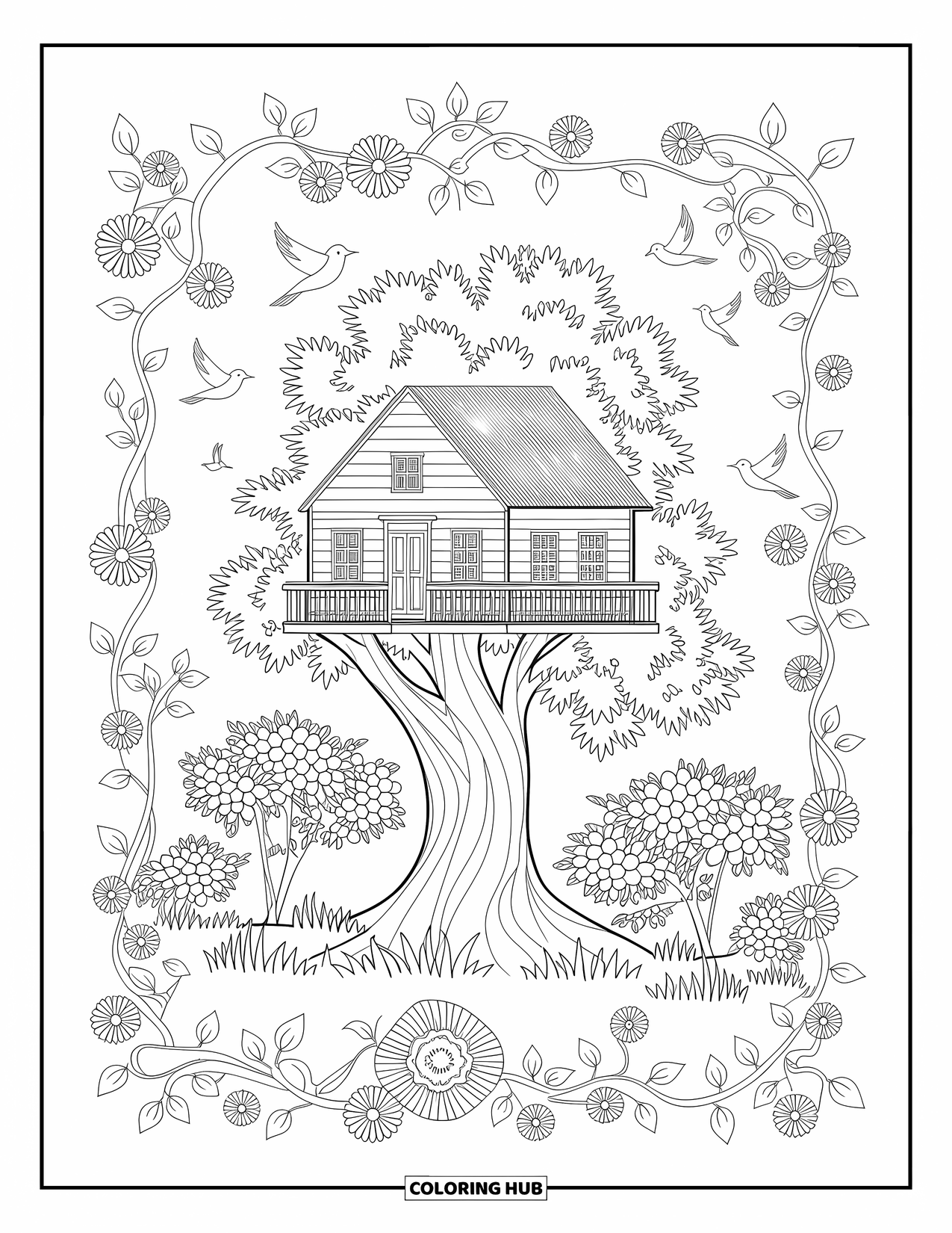 Boomhut Kleurplaat voor Volwassenen: Een gedetailleerde boomhut met bloemen, vogels en kronkelende klimplanten