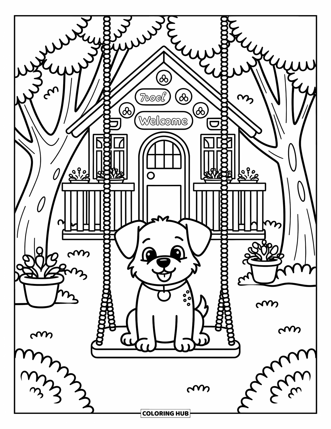 Boomhut Kleurplaat voor Volwassenen: Een blije puppy op een schommel onder een boomhut met potplanten