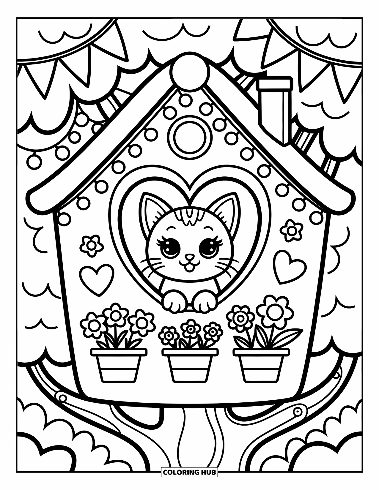 Boomhut Kleurplaat voor Volwassenen: Een kitten dat door een hartvormig raam van een versierde boomhut gluurt