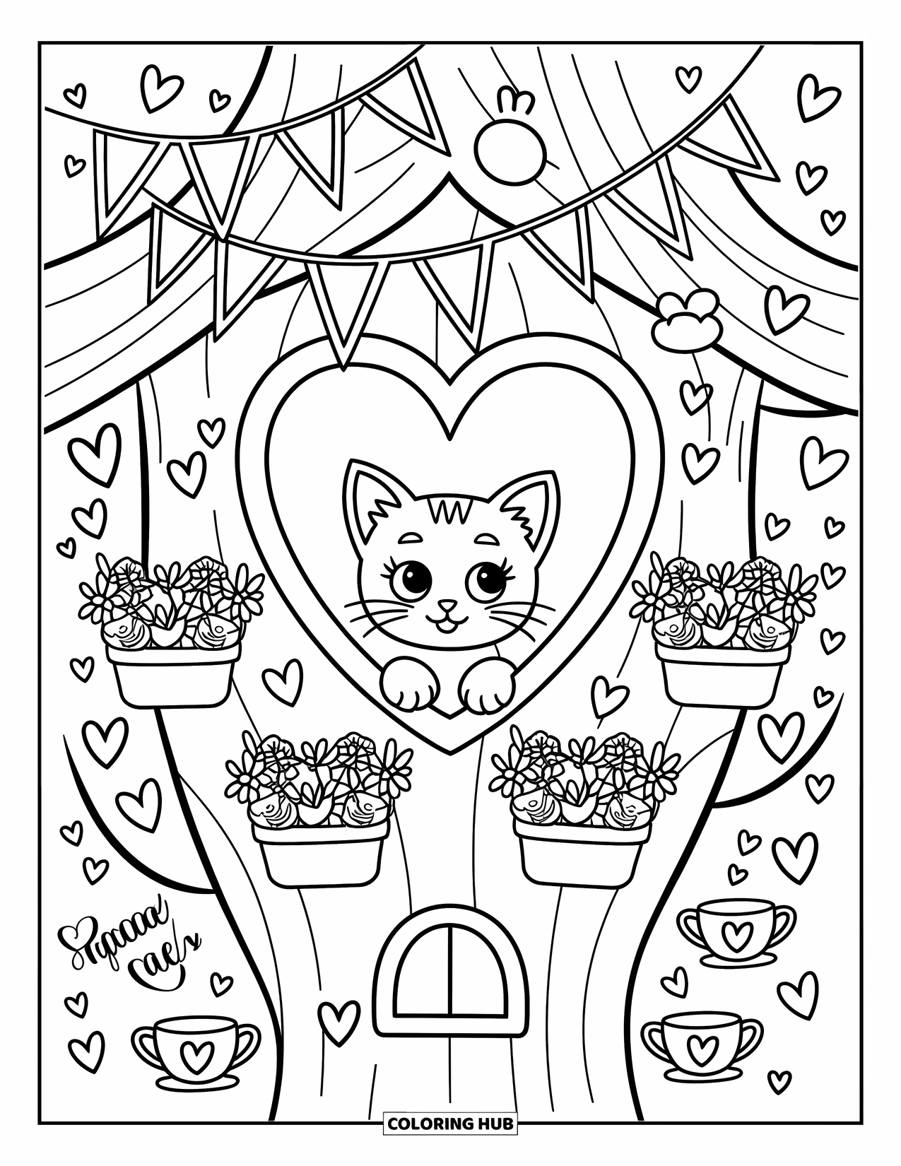 Boomhut Kleurplaat voor Volwassenen: Een kitten gluurt door een hartvormig raam van een boomhut met bloemen