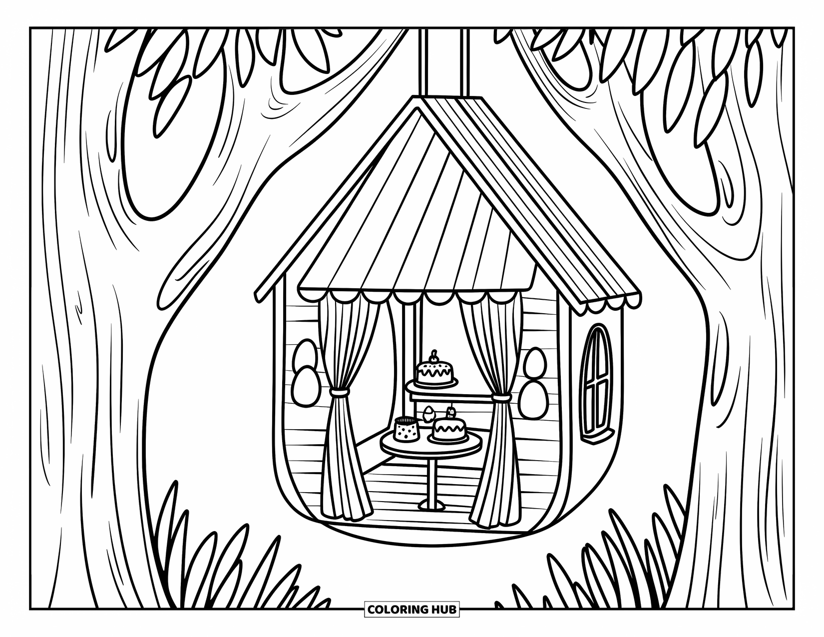 Boomhut Kleurplaat voor Volwassenen: Een miniatuur boomhutcafé met theeserviezen en gebak in een grillig bos