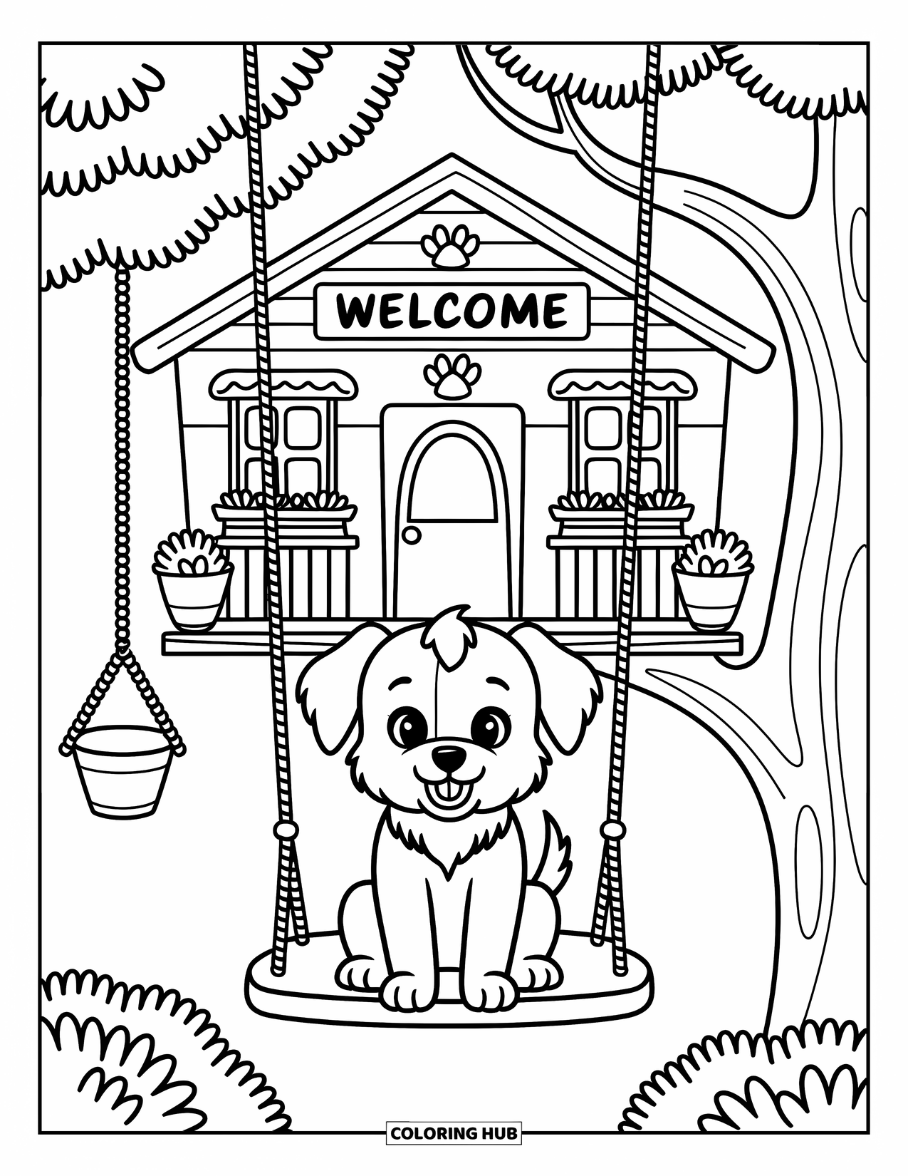 Boomhut Kleurplaat voor Volwassenen: Een speelse puppy op een schommel onder een boomhut met leuke versieringen