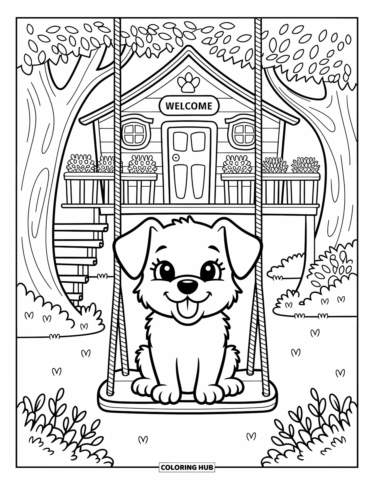 Boomhut Kleurplaat voor Volwassenen: Een puppy op een schommel onder een versierde boomhut met welkomstborden