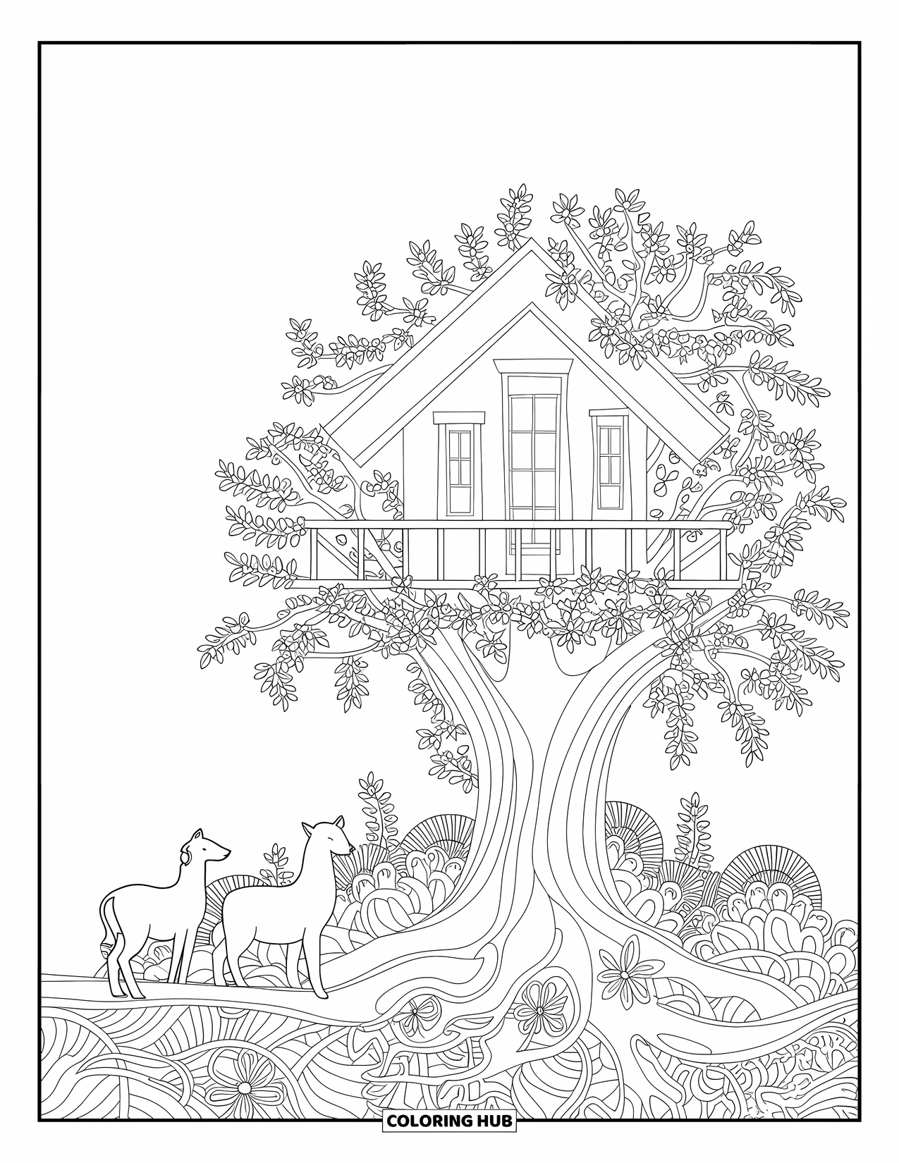 Boomhut Kleurplaat voor Volwassenen: Een rustieke boomhut omringd door klimplanten, bloemen en wilde dieren