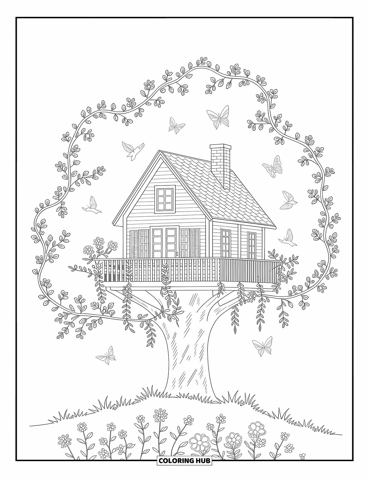 Boomhut Kleurplaat voor Volwassenen: Een rustieke boomhut met klimplanten, bloemen en fladderende vogels