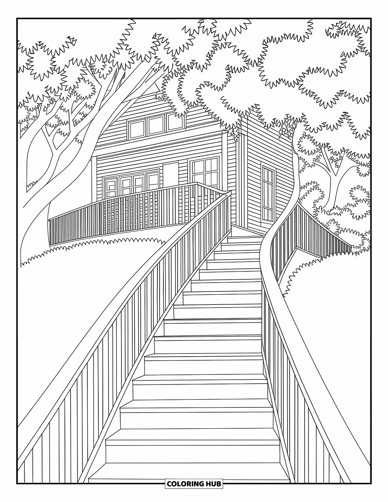 Boomhut Kleurplaat voor Volwassenen: Een serene boomhut met leuningen, trappen en dicht gebladerte