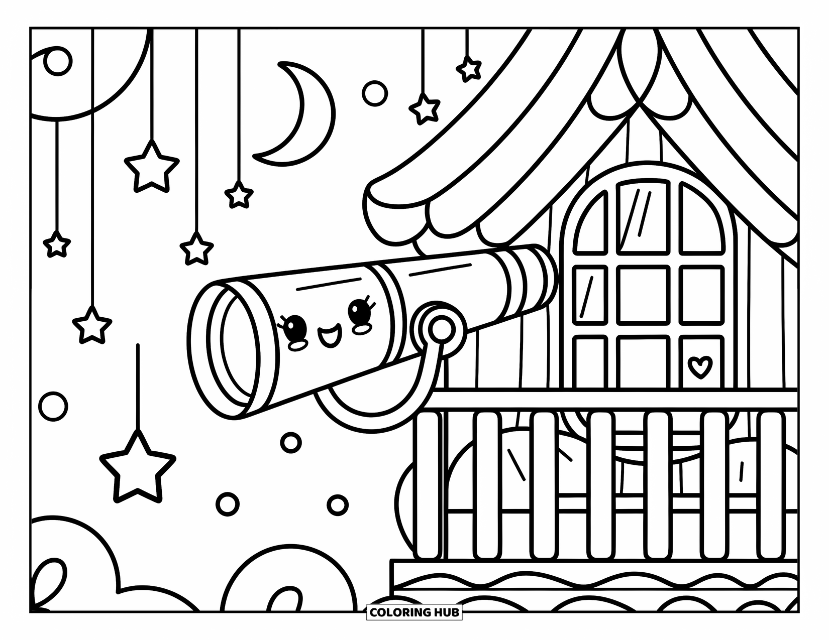 Boomhut Kleurplaat voor Volwassenen: Een boomhutbalkon met een kawaii telescoop en bungelende sterren