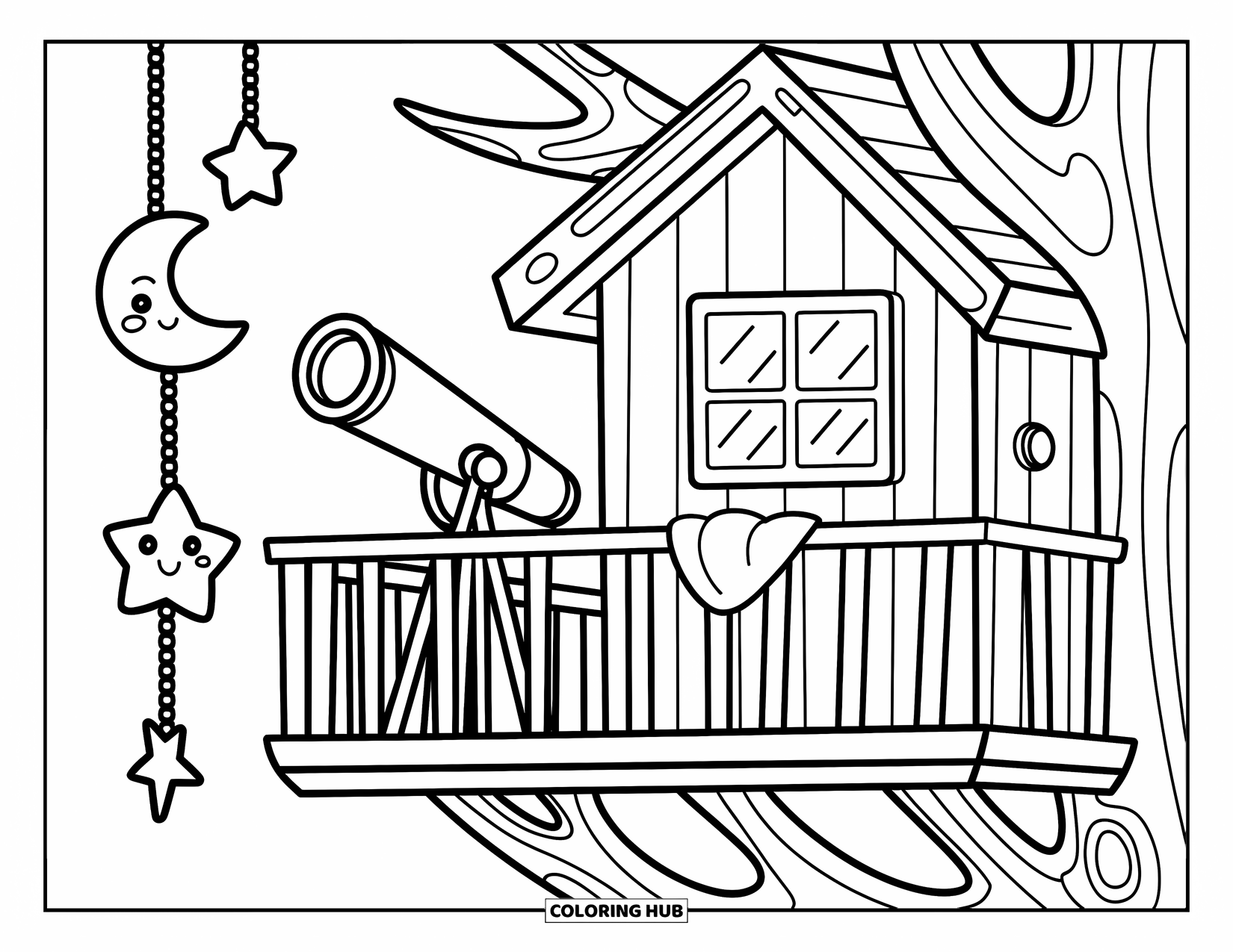 Boomhut Kleurplaat voor Volwassenen: Een boomhutbalkon met een telescoop, sterren en gezellige sfeer