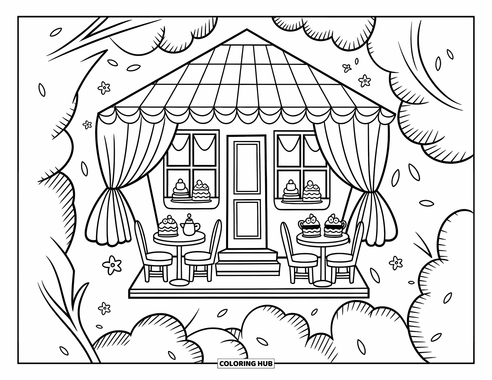 Boomhut Kleurplaat voor Volwassenen: Een boomhutcafé met theeserviezen, gebak en charmante gordijnen tussen de takken