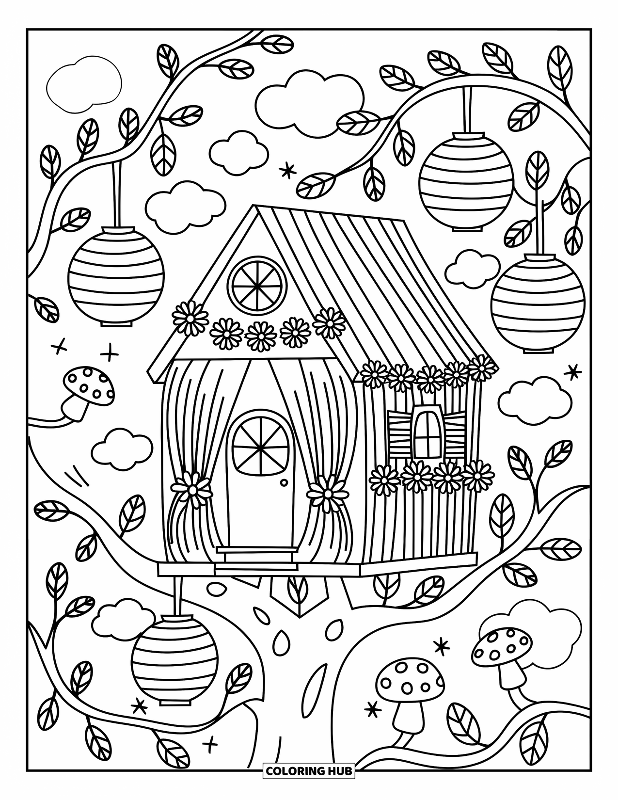Boomhut Kleurplaat voor Volwassenen: Een boomhut versierd met lantaarns, gordijnen en bloemenslingers
