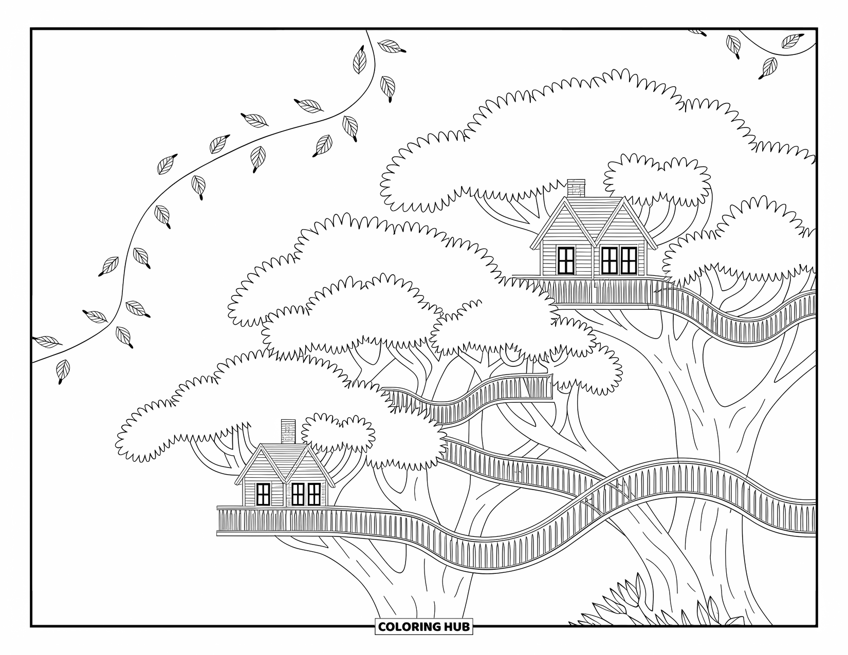 Boomhut Kleurplaat voor Volwassenen: Een boomhutlandschap met ingewikkelde leuningen en bruggen tussen weelderige takken