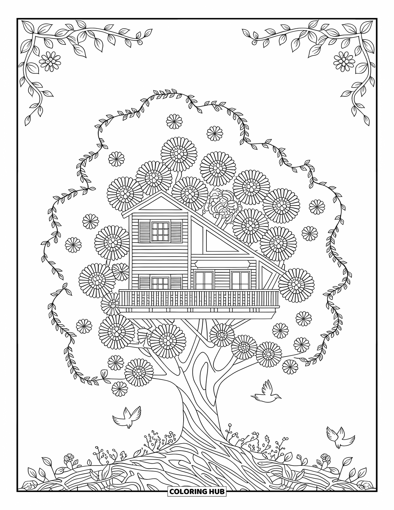Boomhut Kleurplaat voor Volwassenen: Een boomhut omringd door bloemen en zachte vogels in ingewikkeld detail