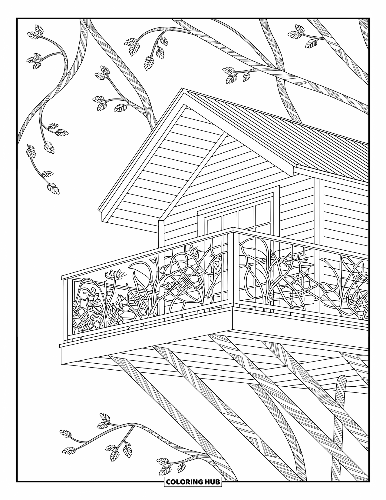 Boomhut Kleurplaat voor Volwassenen: Een boomhut met gedetailleerde leuningen en weelderige takken