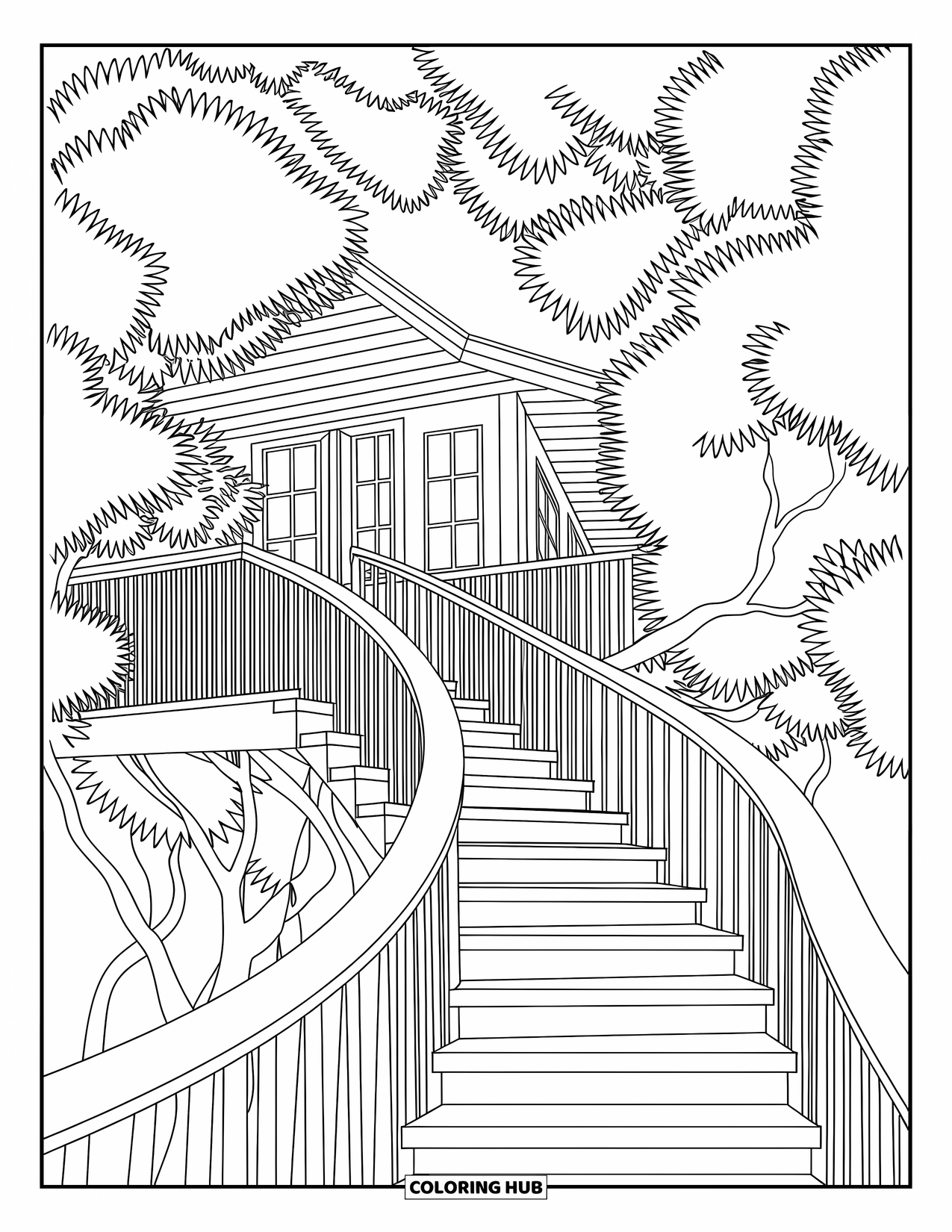 Boomhut Kleurplaat voor Volwassenen: Een boomhut met gedetailleerde trappen en leuningen in dicht gebladerte