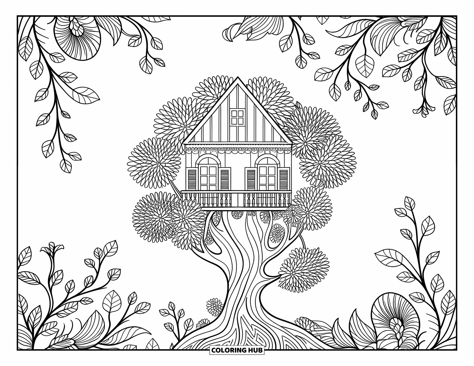Boomhut Kleurplaat voor Volwassenen: Een boomhut met gedetailleerde ramen, balkons en bloemmotieven