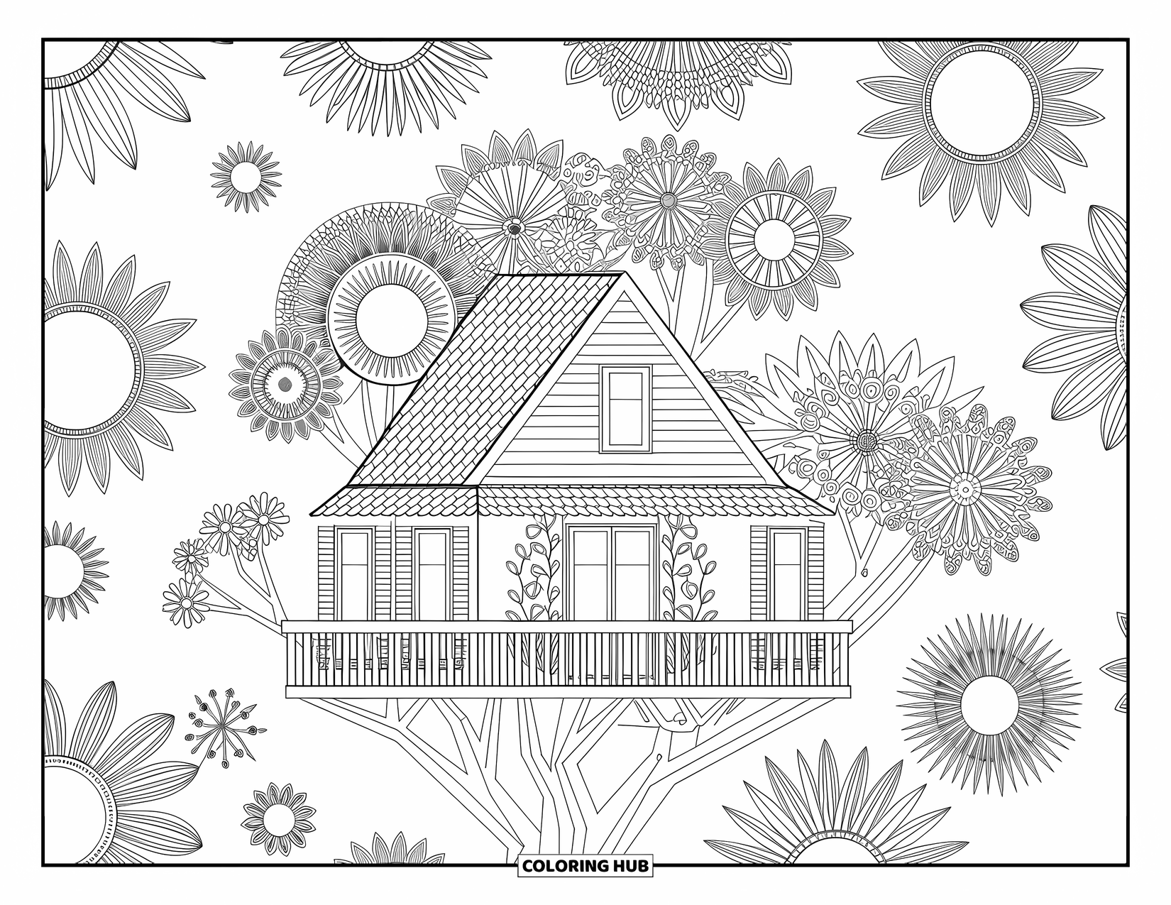 Boomhut Kleurplaat voor Volwassenen: Een boomhut met ingewikkelde details, bloemmotieven en charmante balkons