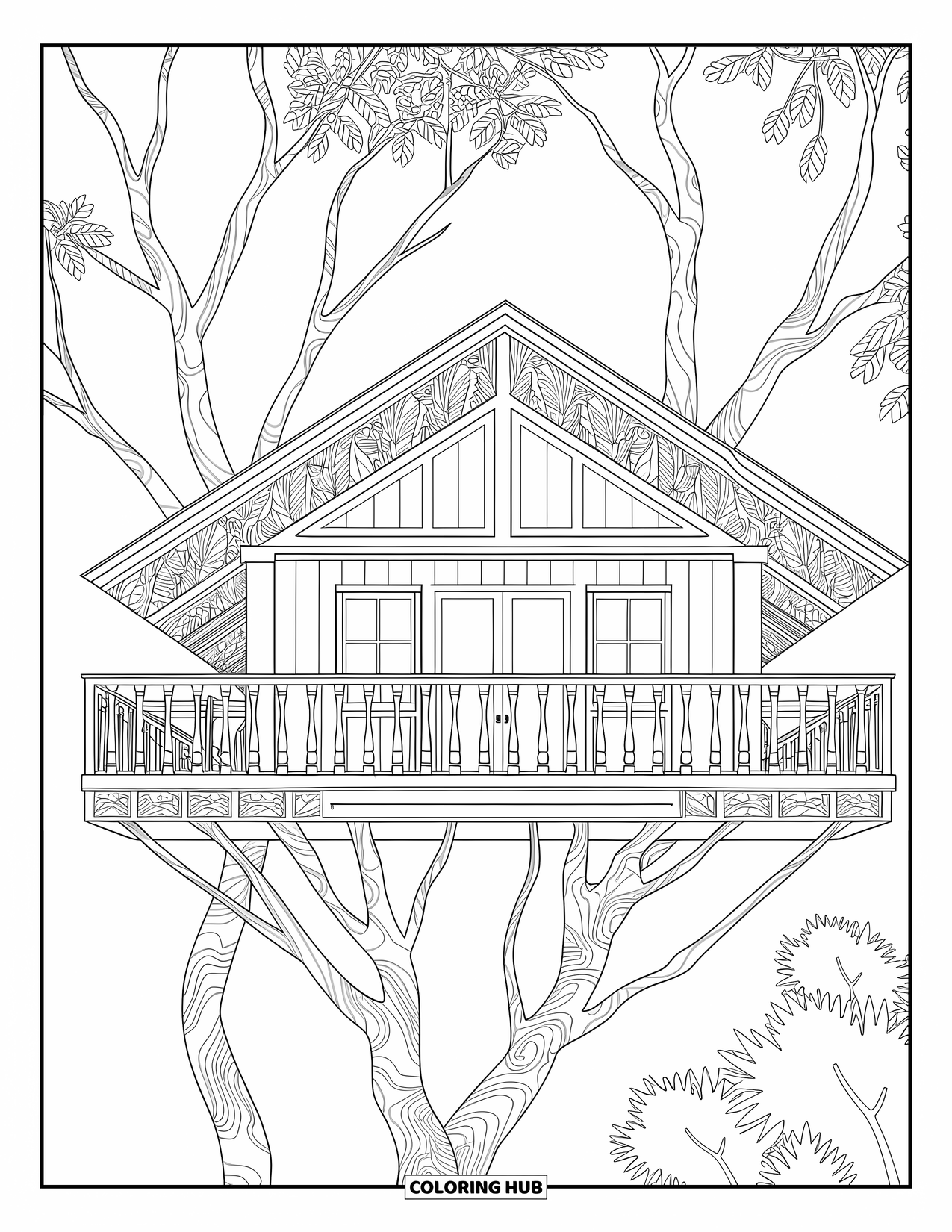 Boomhut Kleurplaat voor Volwassenen: Een boomhut met ingewikkelde leuningen en takken in een serene omgeving