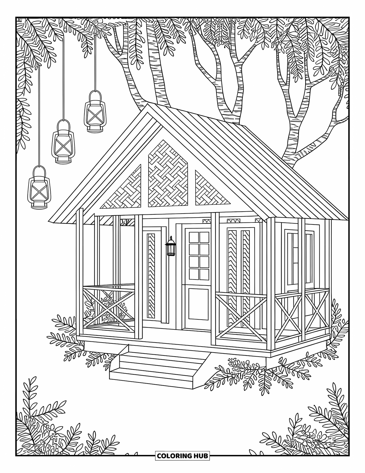 Boomhut Kleurplaat voor Volwassenen: Een boomhut met lantaarns, een veranda en kronkelende klimplanten