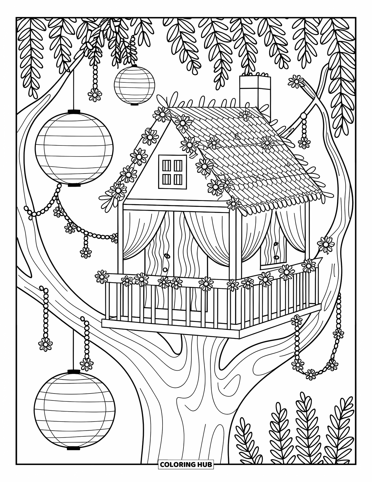 Boomhut Kleurplaat voor Volwassenen: Een boomhut met papieren lantaarns en bloemenslingers tussen bladerrijke takken