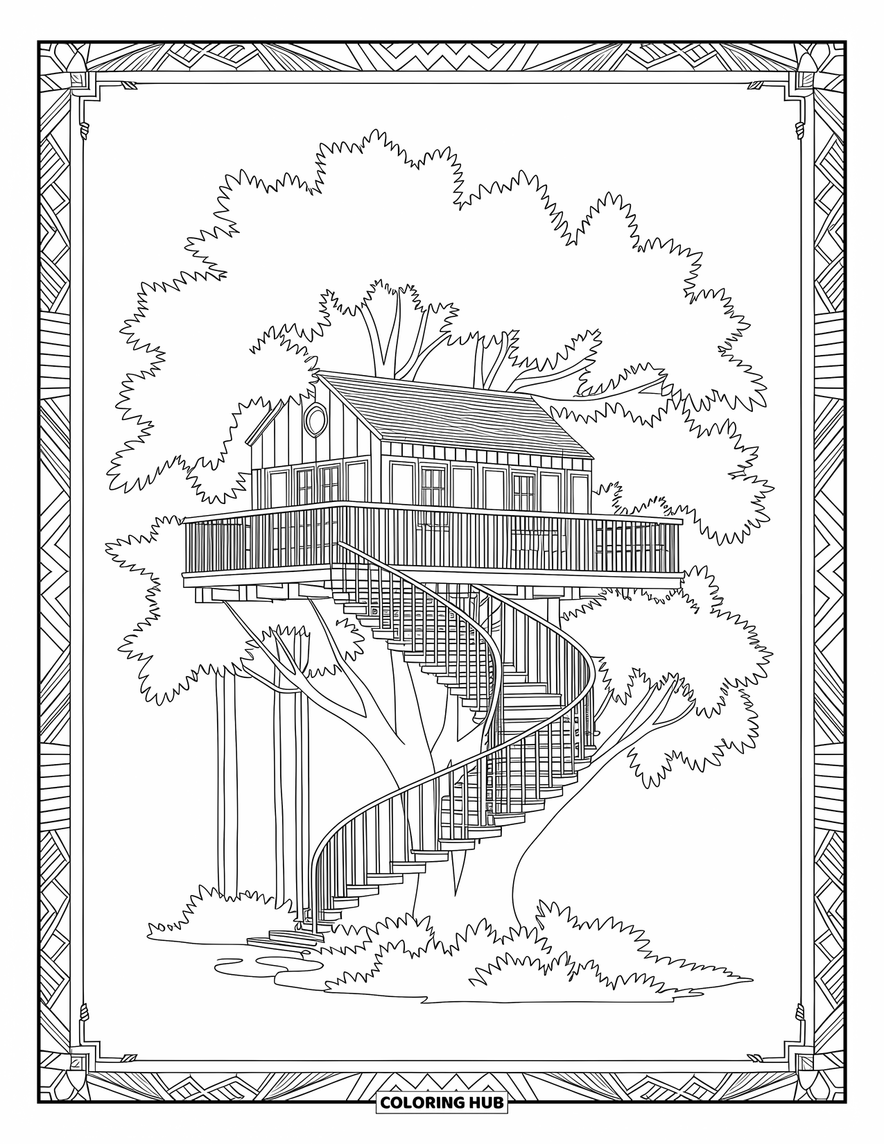 Boomhut Kleurplaat voor Volwassenen: Een boomhut met leuningen en kronkelende trappen in dicht gebladerte